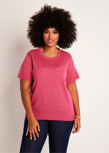 Pull fin manches courtes ajouré Rose