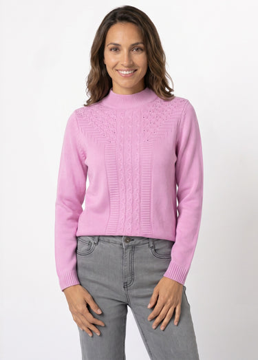 Pull doux torsades côtes strass col montant Rose Petale