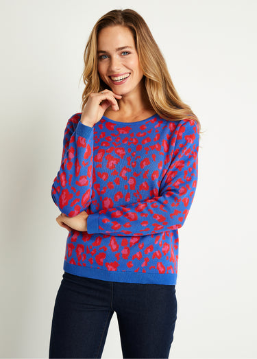 Pull motif léopard col rond Bleu