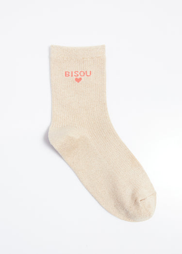Chaussettes fil métallisé message BISOU Beige