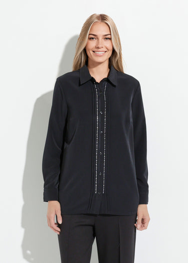 Chemisier uni boutonné long strass col chemise Noir