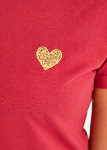 T-shirt col rond broderie coeur poitrine Bordeaux