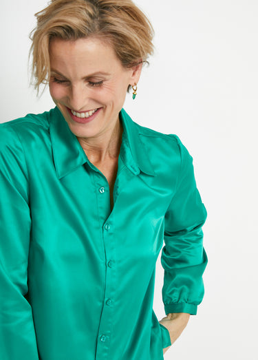 Chemisier long droit boutonné en satin Uni Vert