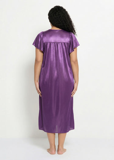 Chemise de nuit satinée longue antistatique dentelle Prune