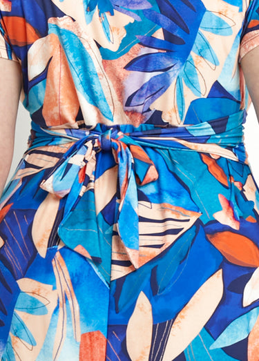 Robe courte col V effet drapé imprimé feuillage Bleu / Orange