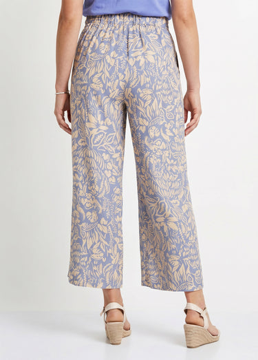 Pantalon large taille élastiquée fleuri ou uni Bleu / Écru
