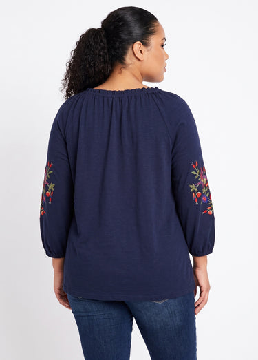 T-shirt long brodé manches 3/4 Marine