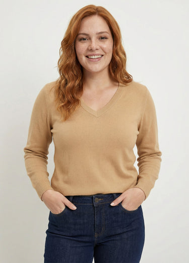 Pull doux col V manches longues Camel