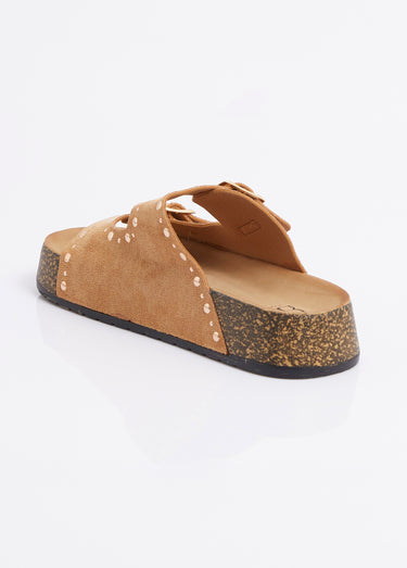 Mules anatomiques suédine, détails clous Camel