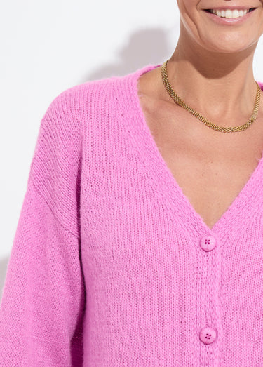 Gilet col V boutonné mélange mohair Magenta