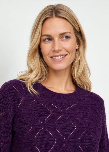 Pull tunique mi long uni col rond maille ajourée Violine