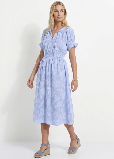 Robe longue smocks coton rayures et jacquard Bleu / Blanc