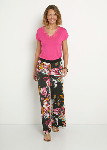 Pantalon large en stretch imprimé fleuri Noir Imprime
