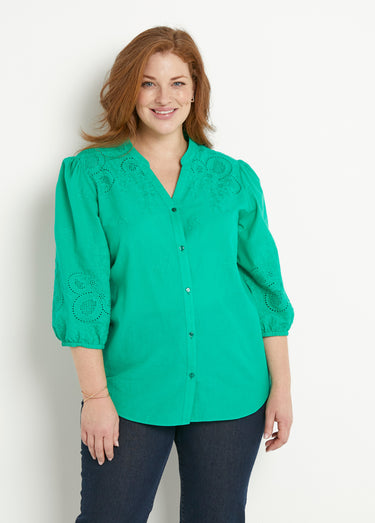 Chemisier long coton brodé manches 3/4 Vert
