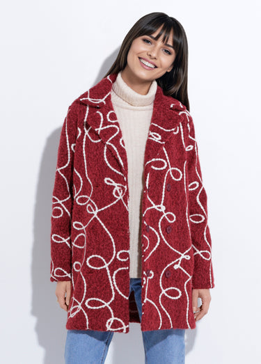 Caban long fantaisie type laine bouillie Bordeaux