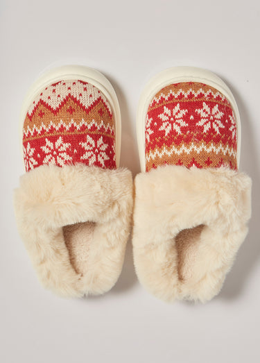 Chaussons fourrure et jacquard thème Noël Rouge