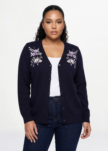 Gilet doux uni col V boutonné court brodé Marine