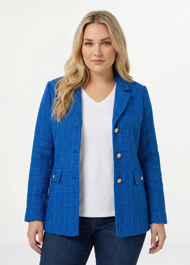 Veste droite boutonnée tissu natté col tailleur Bleu Dur