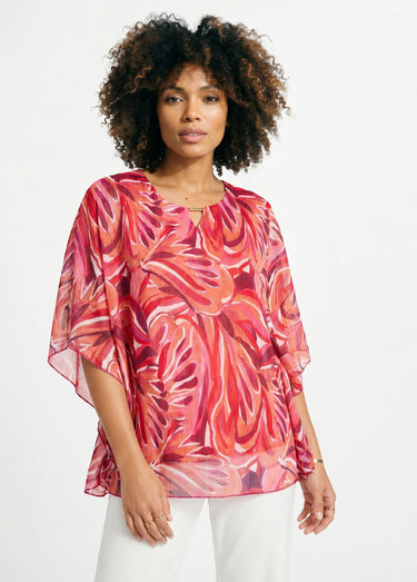 Tunique fluide longue motif feuilles Fuchsia/Rose