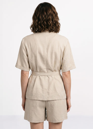 Veste ceinturée manches courtes avec lin Beige
