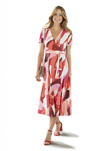 Robe longue cache-coeur ceinturée imprimée Rose/Orange