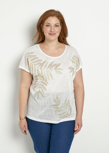 T-shirt col rond maille flammée motif doré Blanc