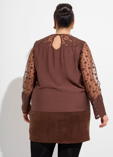 Tunique col V et manches dentelle fleurie Marron