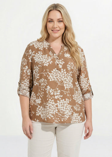 Tunique col tunisien motif hortensias Ecru/Camel