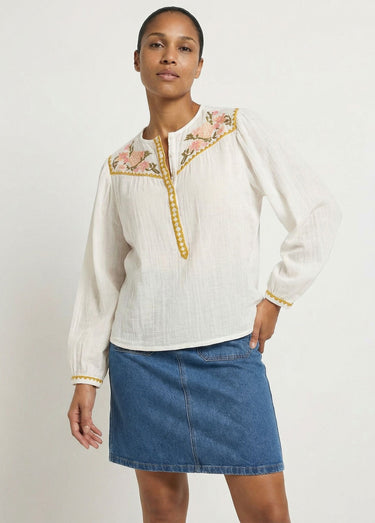 Tunique brodée ample gaze de coton boutonnée Blanc