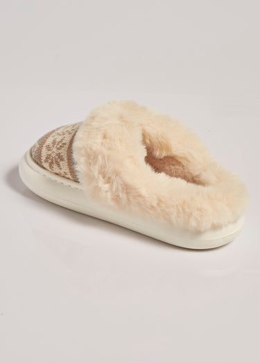 Chaussons fourrure et jacquard thème Noël Beige