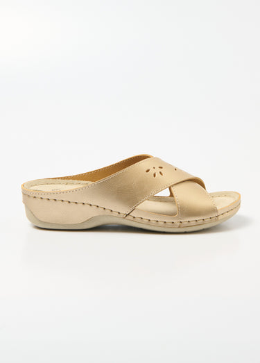 Mules boucles croisées largeur confort talon compensé enrobé Dore