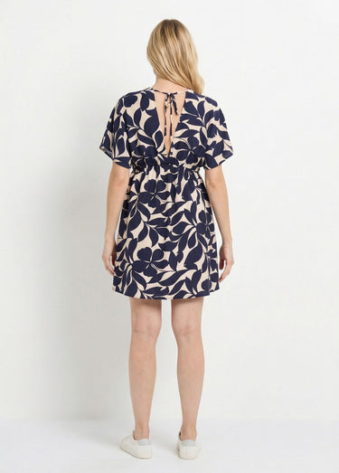 Robe courte à motif, col V devant et dos Marine/Ecru
