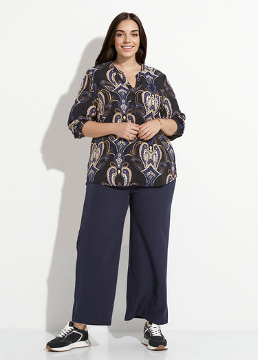 Blouse col V boutonné imprimé acanthes Bleu
