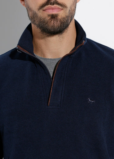 Pull épais jersey de coton, col zippé Bleu Marine