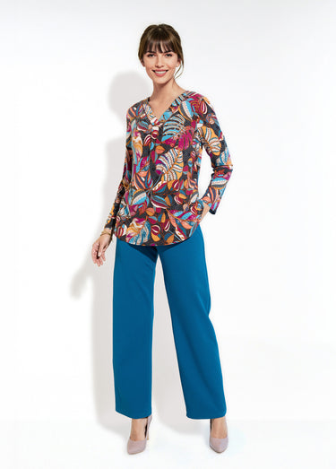 T-shirt col V manches longues imprimé Groseille/Bleu