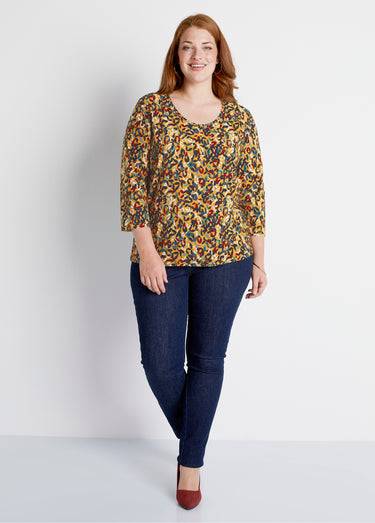T-shirt court col rond manches 3/4 imprimé Fond Miel