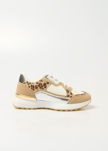 Baskets multimatières détails métallisés Leopard Blanc