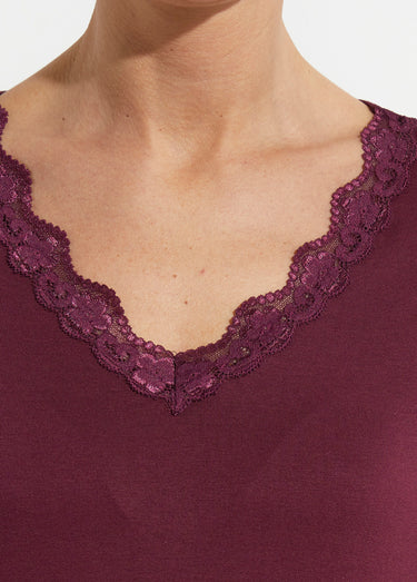 T-shirt court dentelle col V manches longues Prune