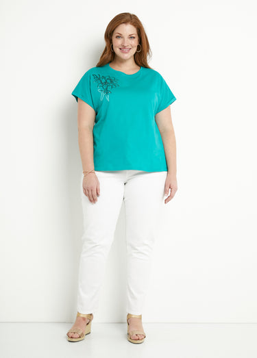 T-shirt coton uni sequins manches courtes Turquoise