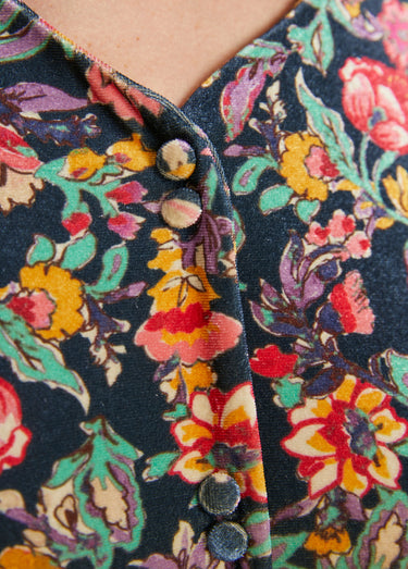 Robe courte velours ras fleuri col V évasée Marine/Rose