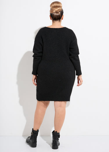 Robe pull longue col V avec laine Noir
