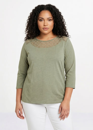 T-shirt coton et dentelle manches 3/4 Kaki