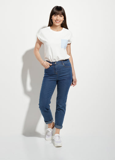 T-shirt coton manches kimono poche vichy Blanc