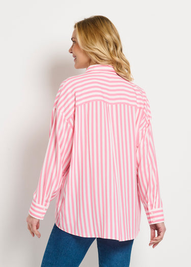 Chemisier fluide rayé long manches longues Rose / Blanc