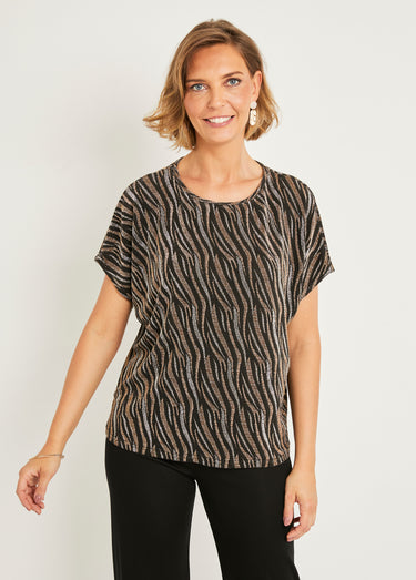 T-shirt court maille brillante jacquard dentelle Noir/Cuivre