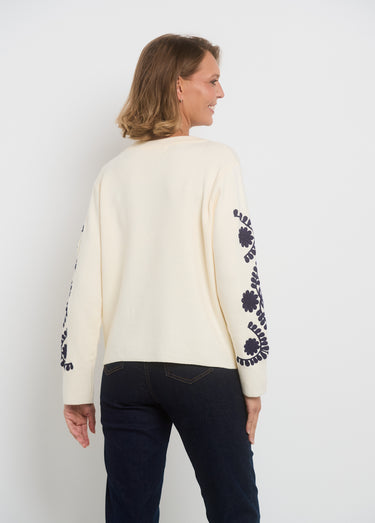 Pull manches avec broderies fantaisie Ecru