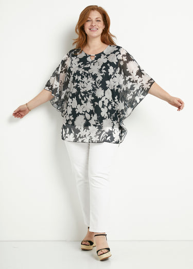 T-shirt long fleuri manches chauve-souris Noir/Ecru