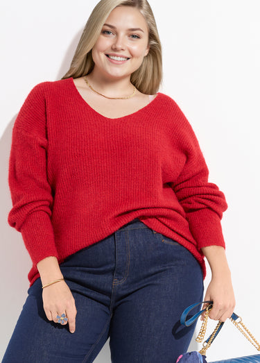 Pull col V maille mousseuse avec laine Rouge