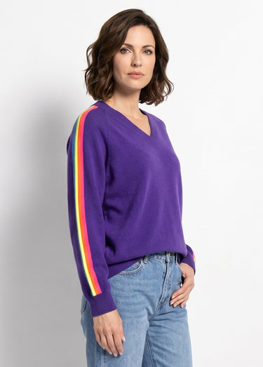 Pull col V manches lignes multicolores Violet