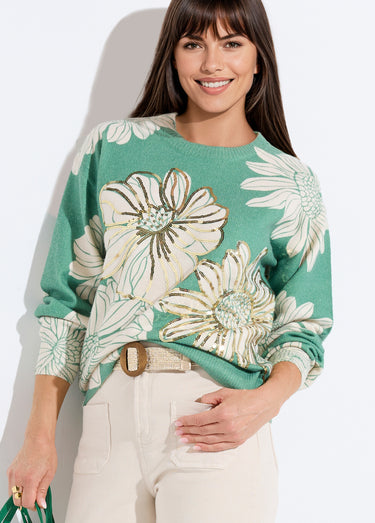 Pull fin imprimé fleurs sequins col rond Vert